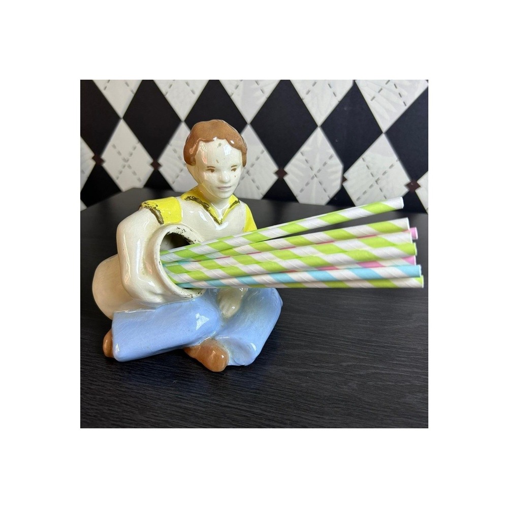 Vintage Ceramic Boy Desk Organizer Pencil Holder Figurine Vase